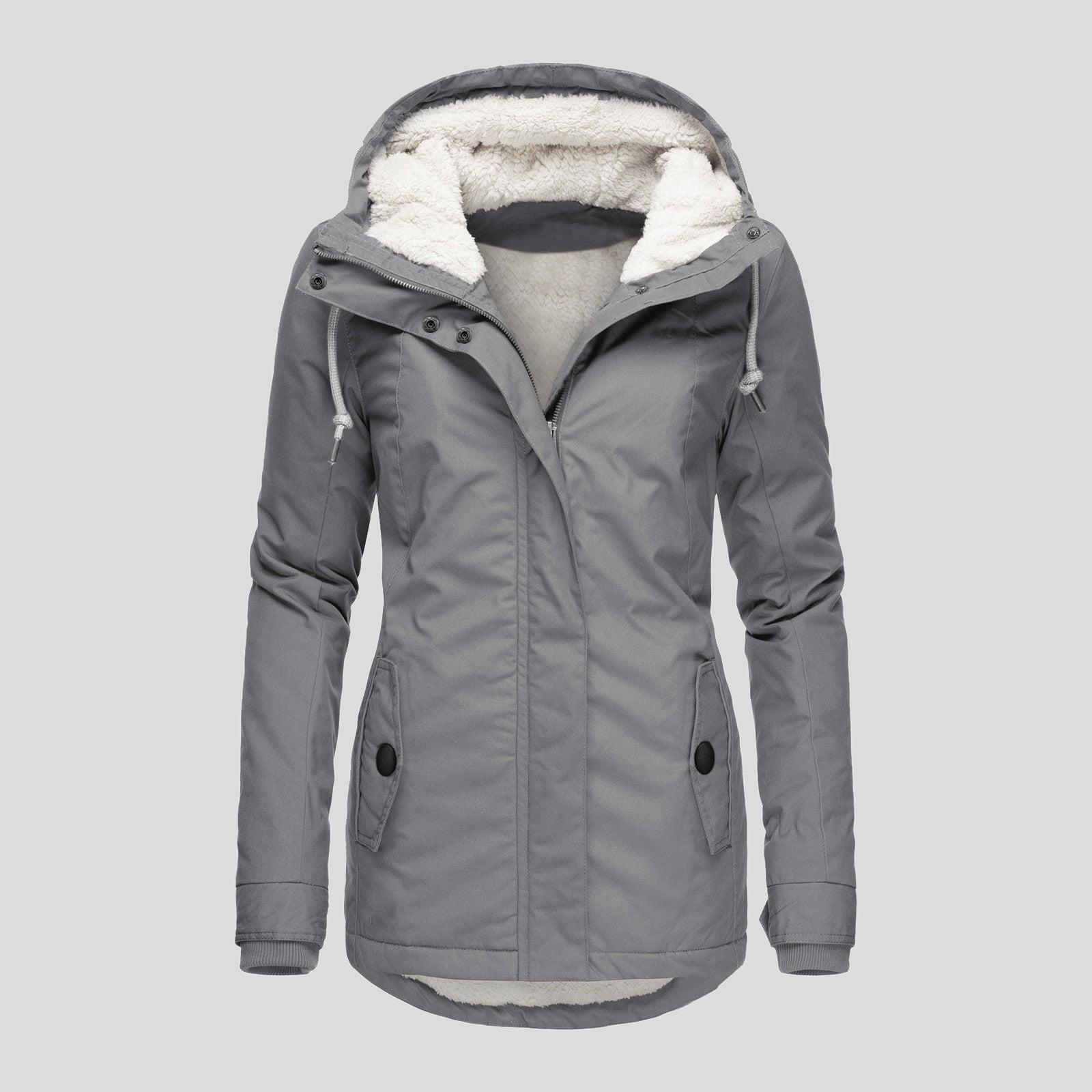 Winter Hooded Jacket Solid Color Warm Buckle Zip-up Fleece Jacket With Pockets Women's Casual Jacket