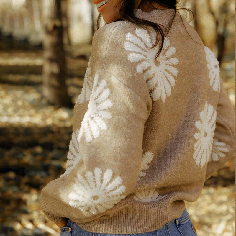 Strickpullover mit Blumenmuster | Cozy Pullover in Beige | Gänseblümchen-Print