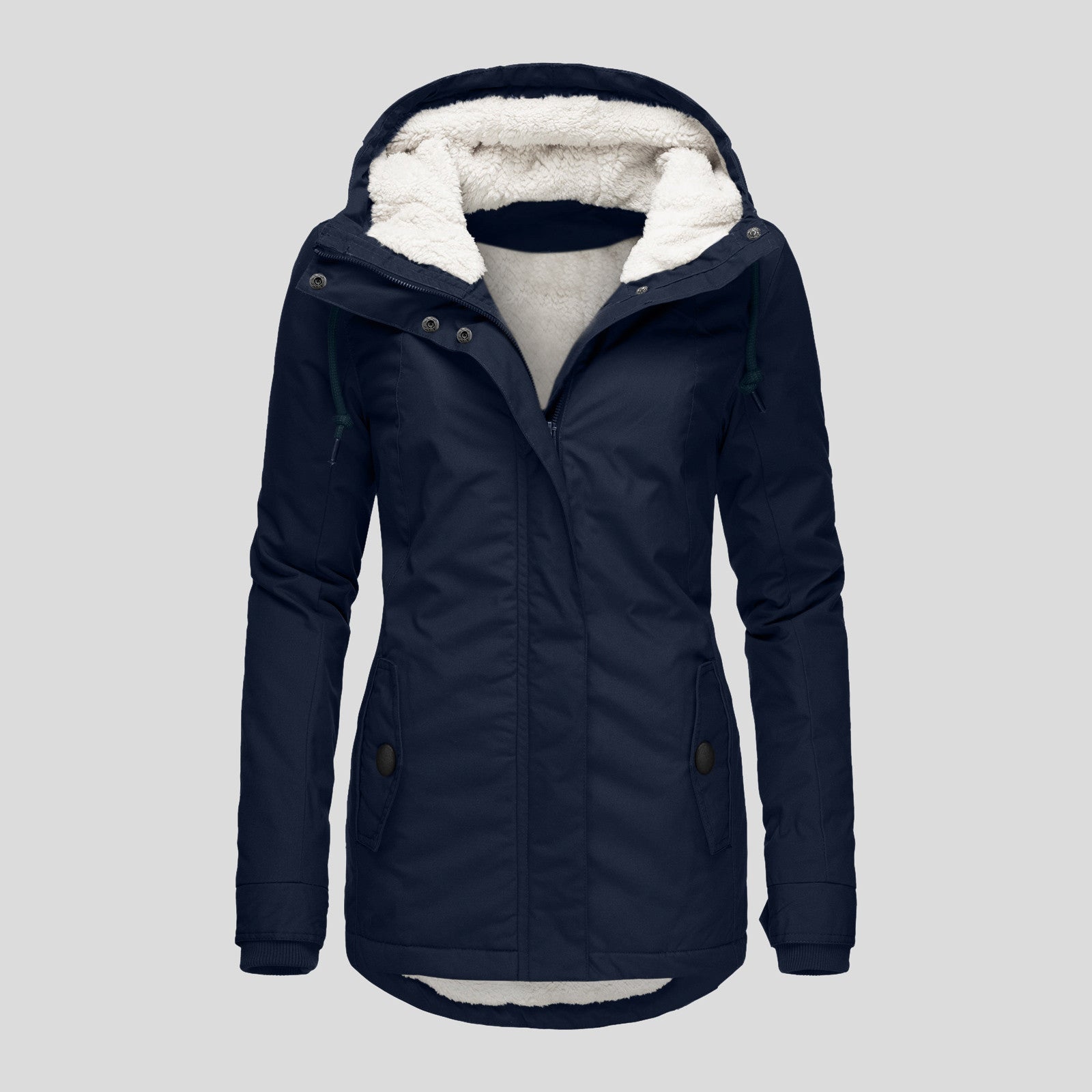 Winter Hooded Jacket Solid Color Warm Buckle Zip-up Fleece Jacket With Pockets Women's Casual Jacket
