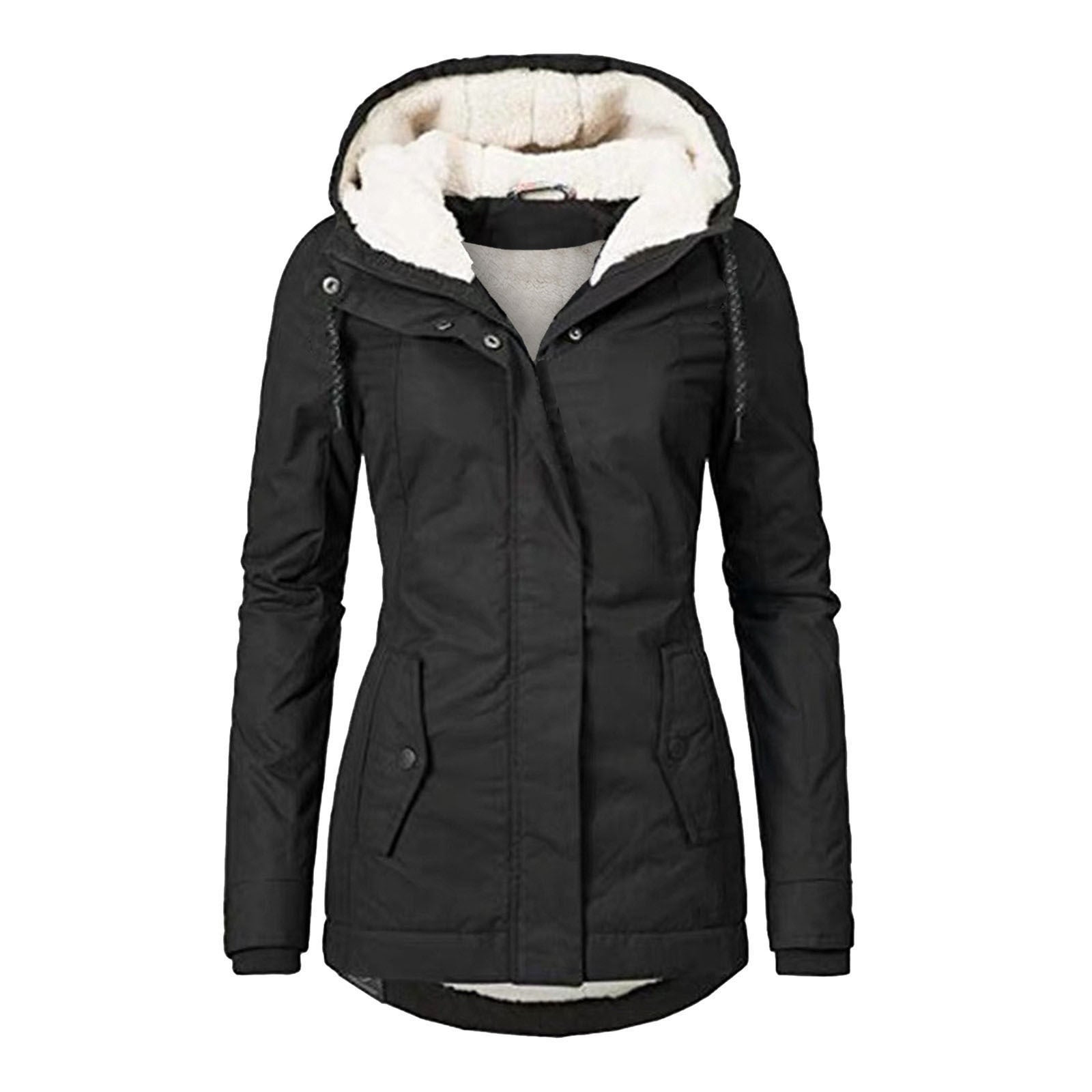 Winter Hooded Jacket Solid Color Warm Buckle Zip-up Fleece Jacket With Pockets Women's Casual Jacket